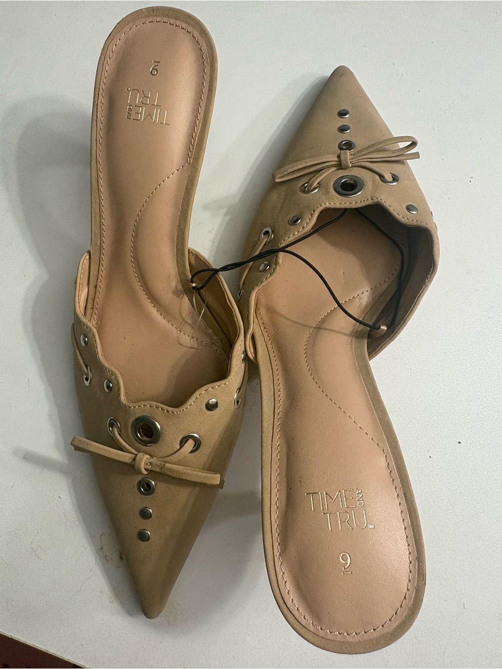 Time and Tru Beige Pointed-Toe Slip-On Mules with Grommet Detail